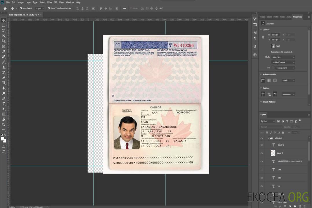 Modèle de passeport canadien au format PSD, entièrement modifiable, avec toutes les polices (2002-2010) template